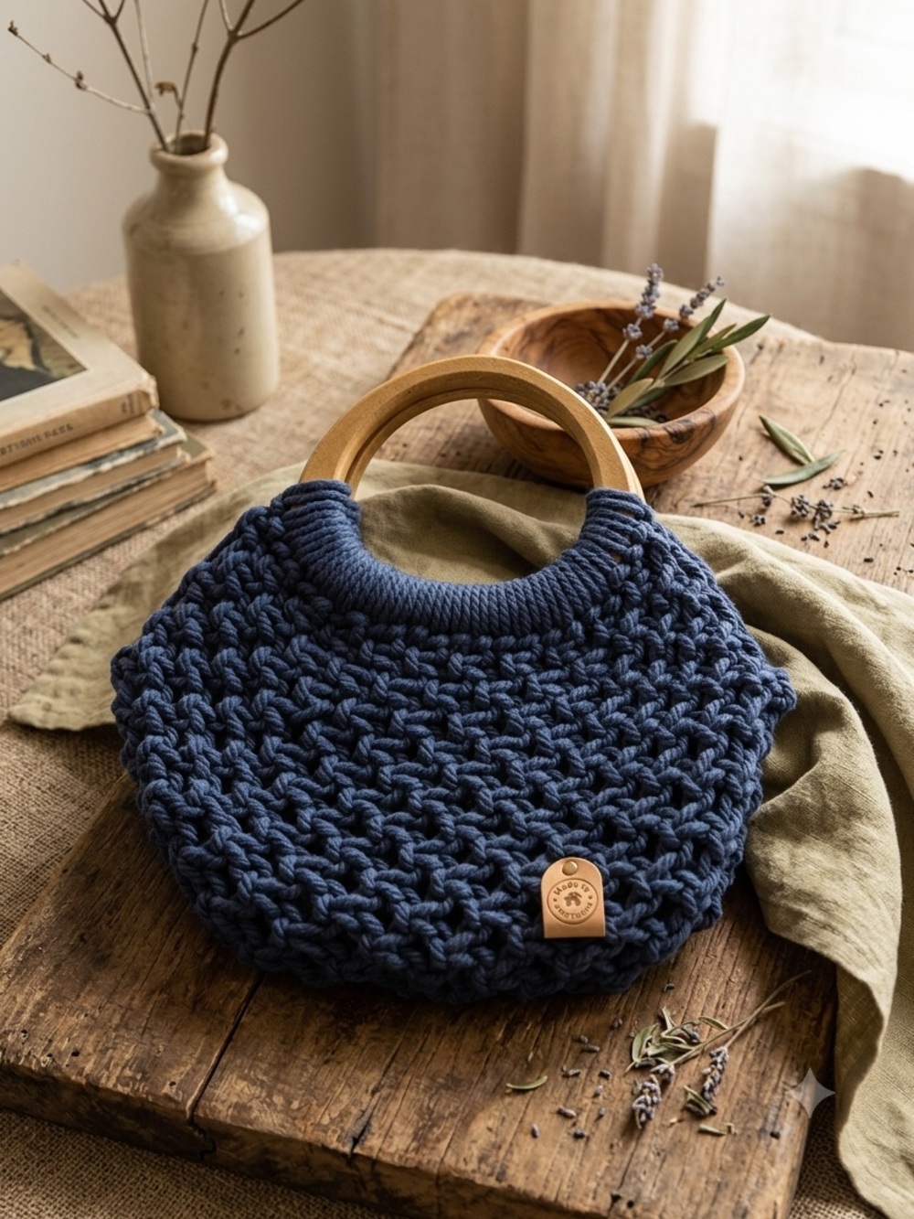 Handmade Macrame Navy Satchel with Wooden Handles and Tassel